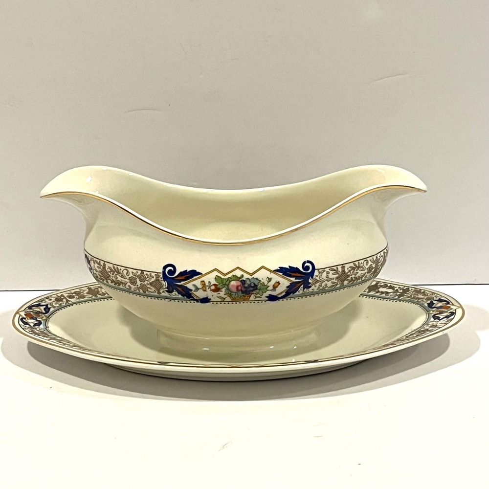 Johnson Brothers Pareek Gravy Boat Attached Underplate Gold Trim England JB338